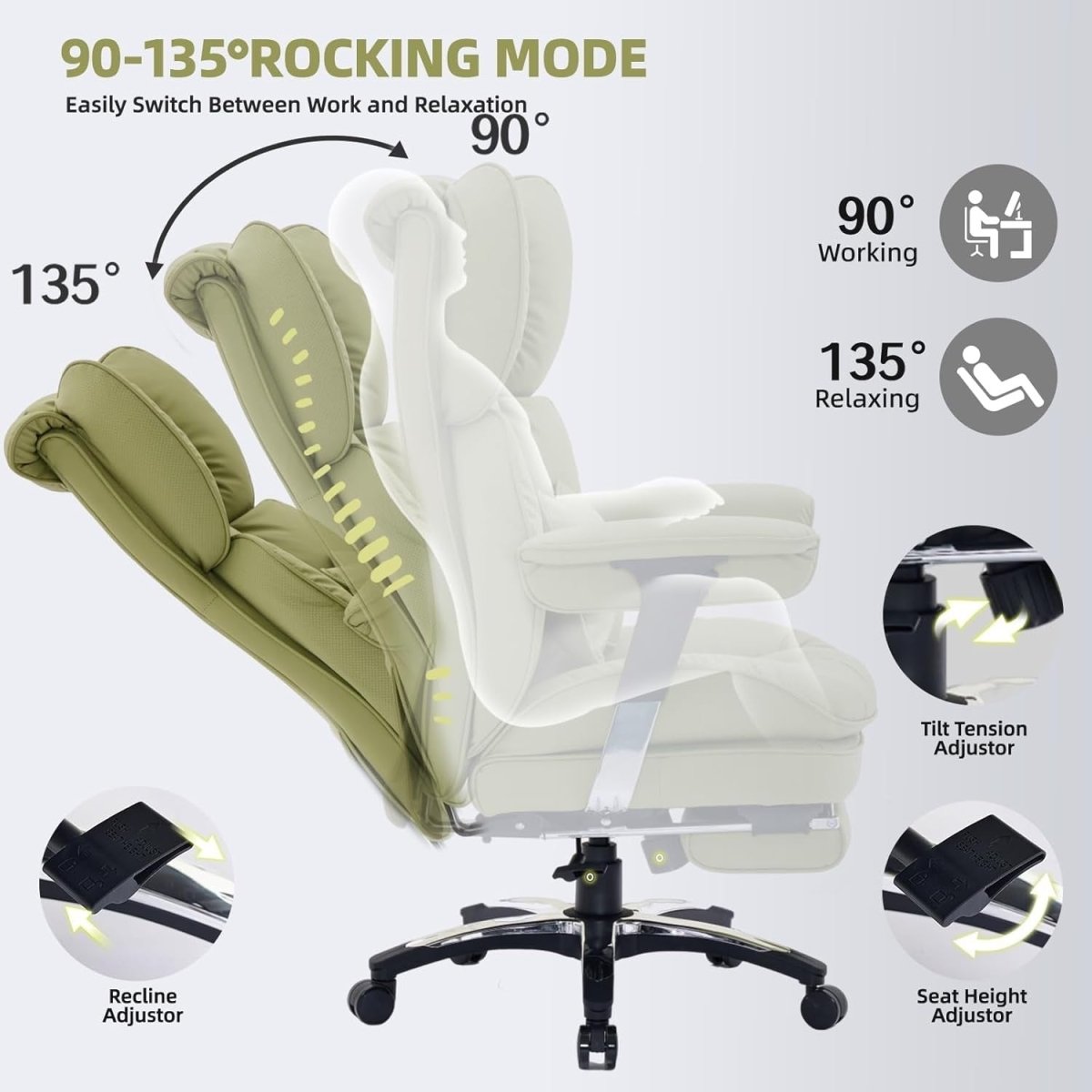 Big & Tall Gaming Office Chair 200kg Reclining Footrest Olive - Kwikley