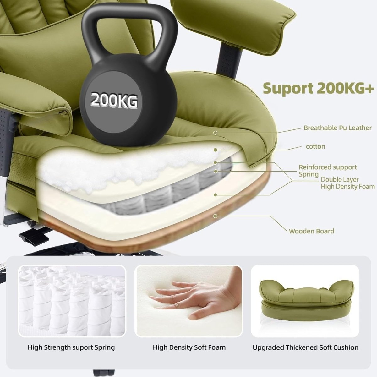 Big & Tall Gaming Office Chair 200kg Reclining Footrest Olive - Kwikley