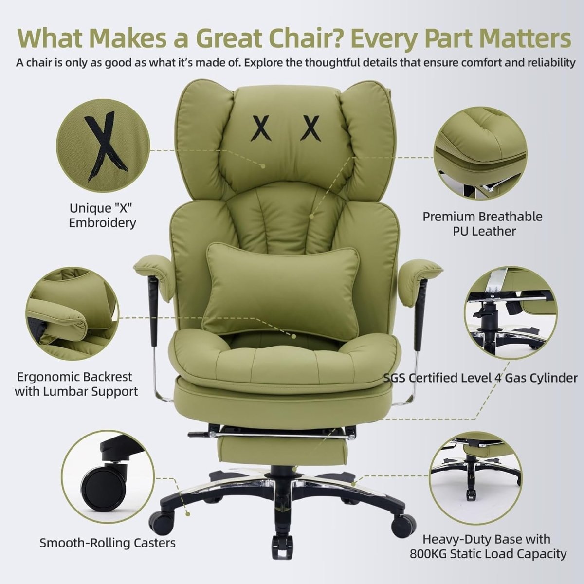 Big & Tall Gaming Office Chair 200kg Reclining Footrest Olive - Kwikley