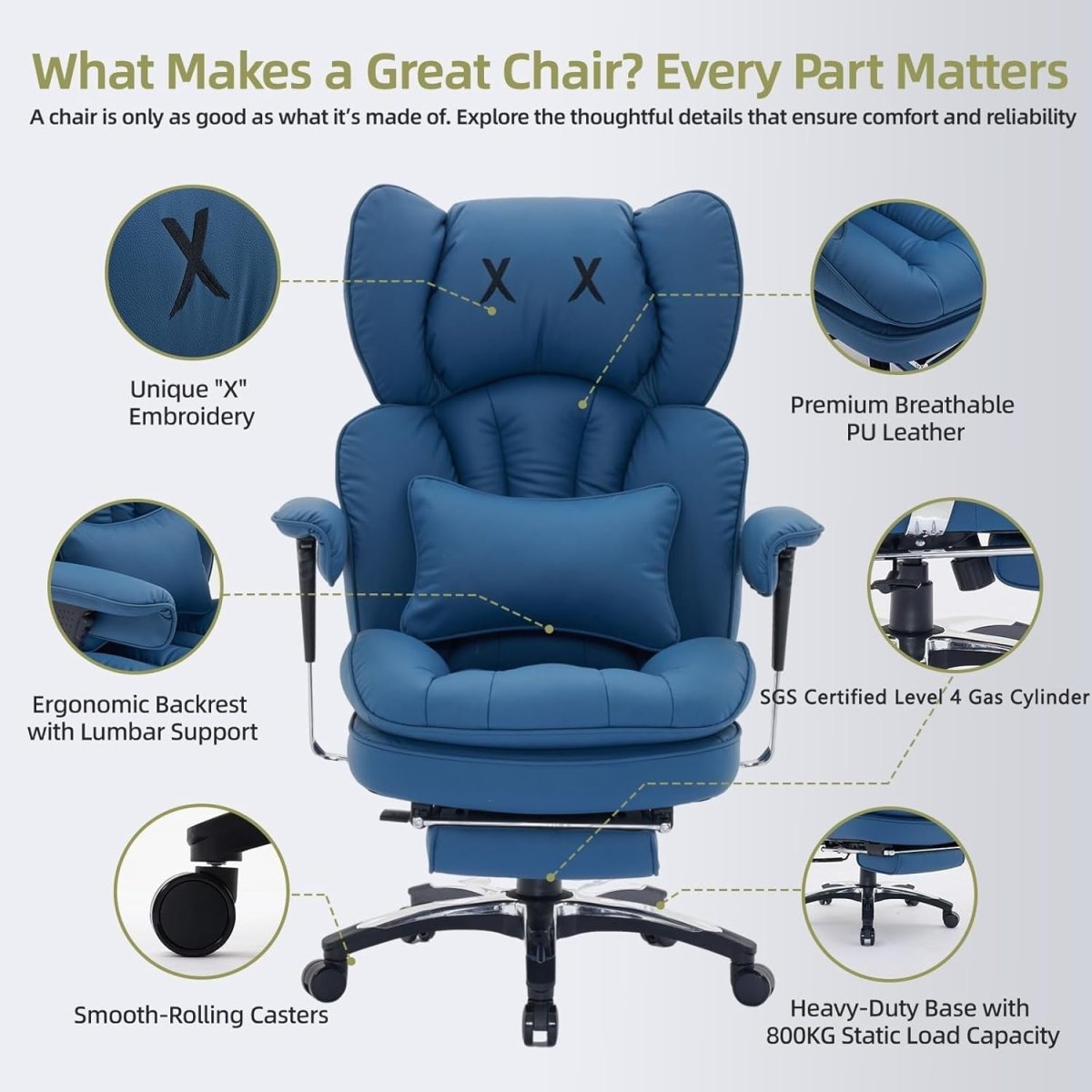 Big & Tall Gaming Office Chair 200kg Reclining w/ Footrest Blue - Kwikley