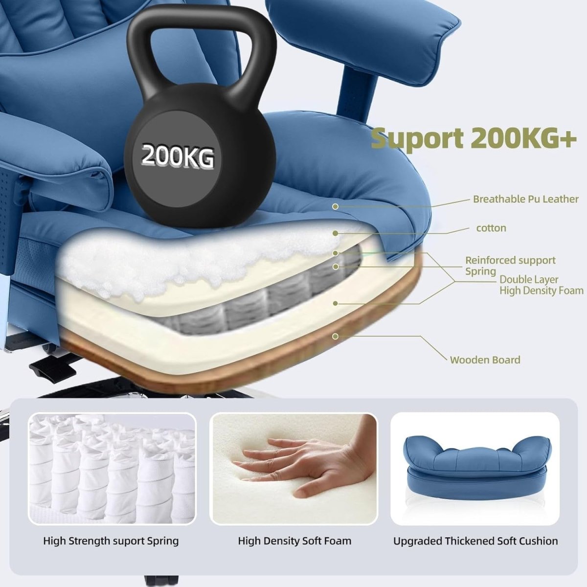Big & Tall Gaming Office Chair 200kg Reclining w/ Footrest Blue - Kwikley