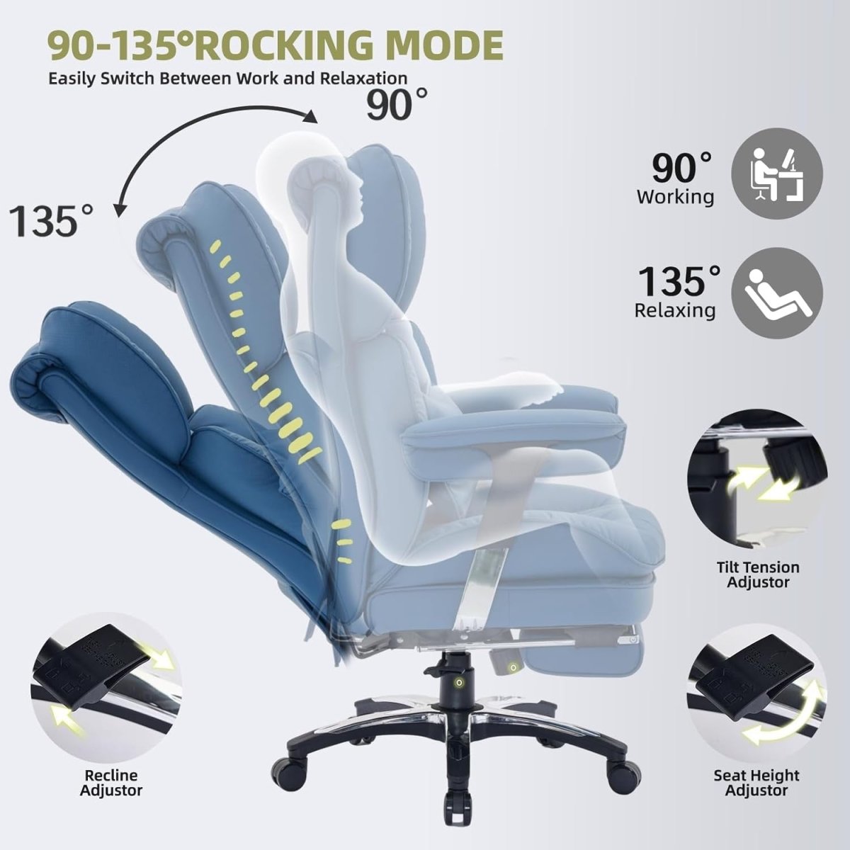 Big & Tall Gaming Office Chair 200kg Reclining w/ Footrest Blue - Kwikley