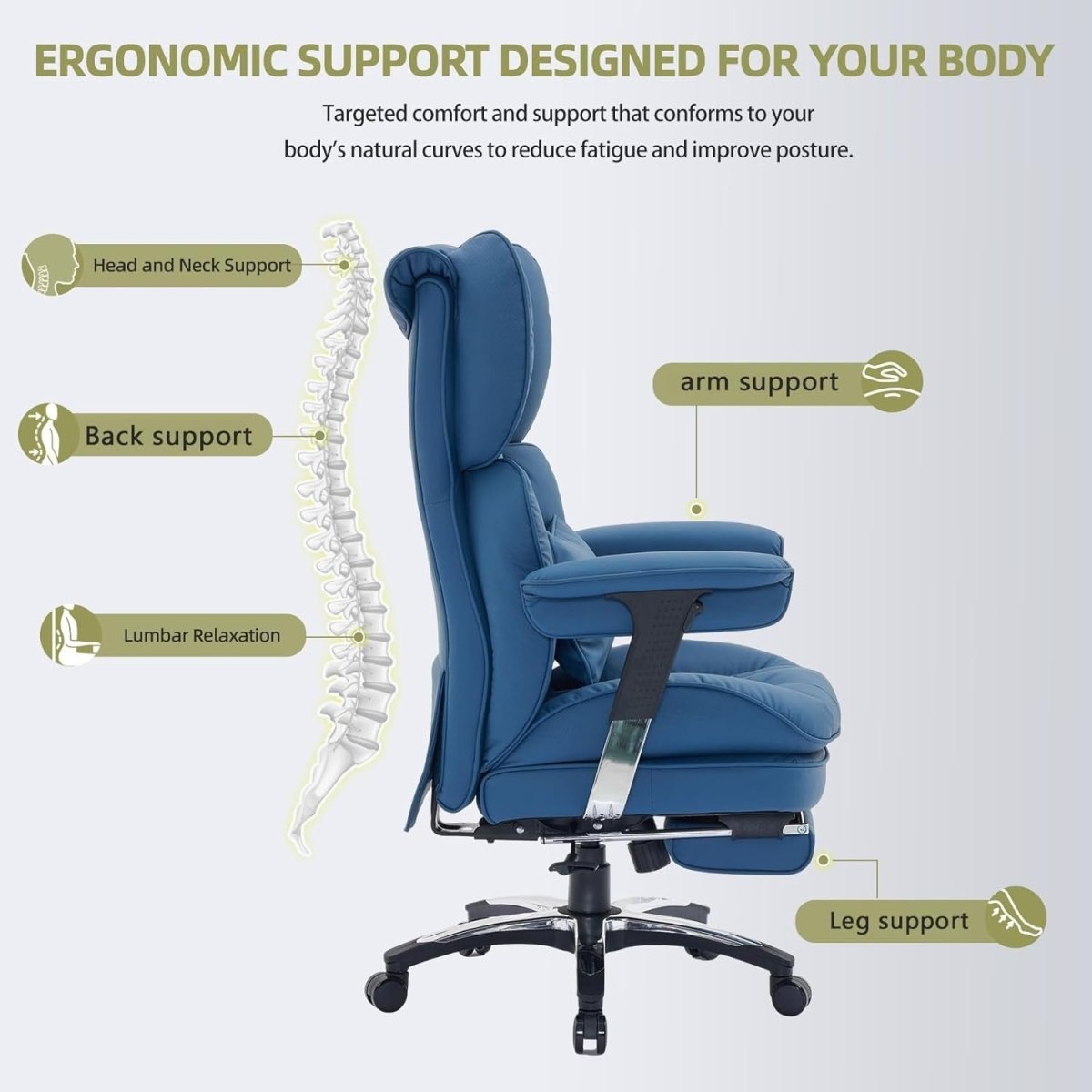 Big & Tall Gaming Office Chair 200kg Reclining w/ Footrest Blue - Kwikley
