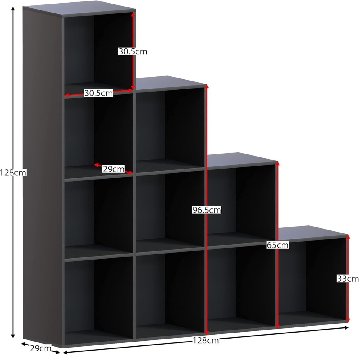 Black 10 Cube Staircase Bookcase with 5 White Storage Baskets Modern Unit - Kwikley