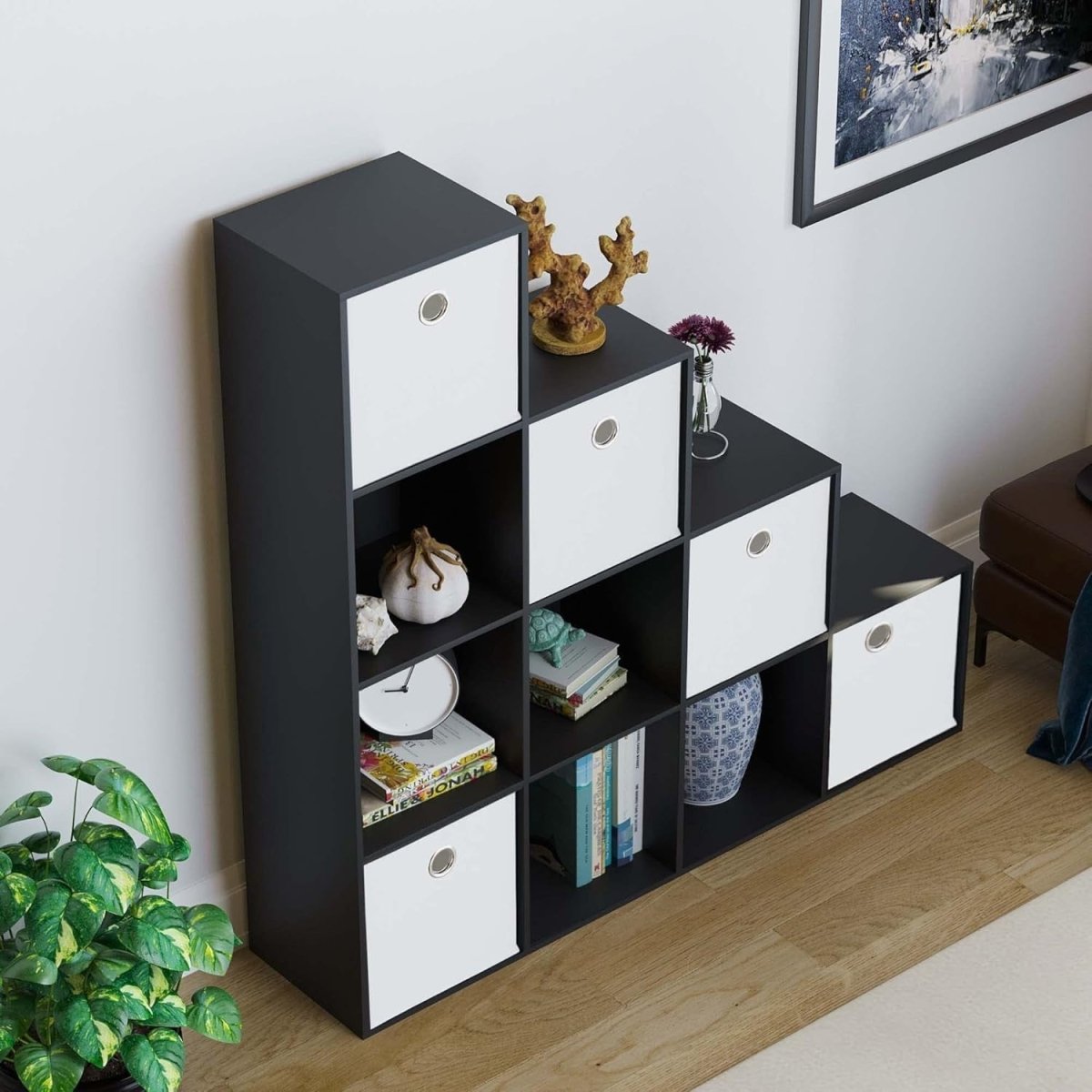 Black 10 Cube Staircase Bookcase with 5 White Storage Baskets Modern Unit - Kwikley