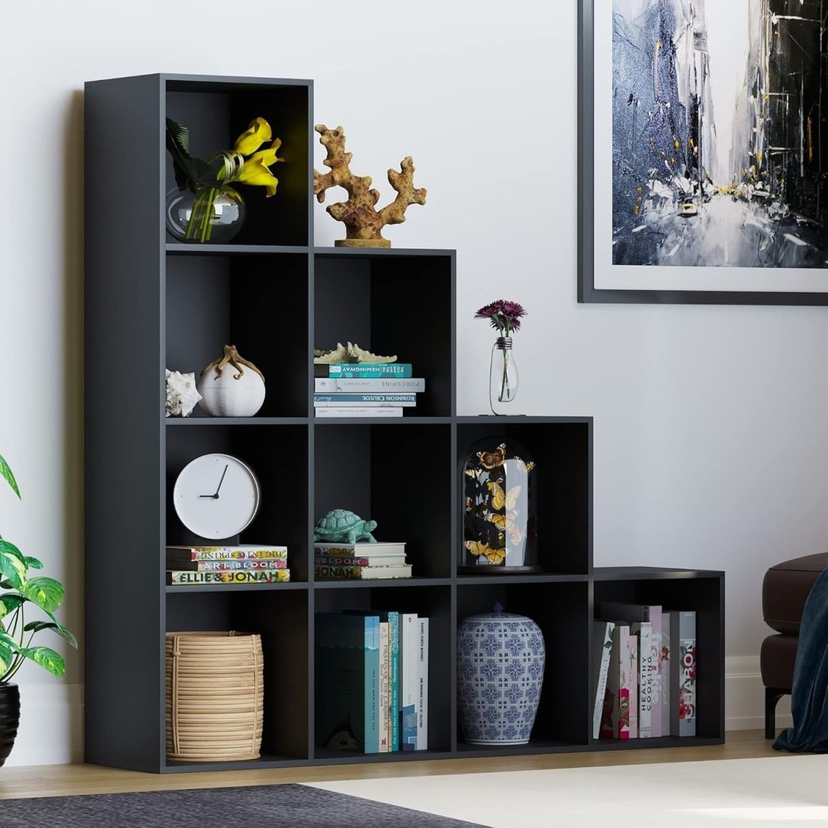 Black 10 Cube Staircase Bookcase with 5 White Storage Baskets Modern Unit - Kwikley
