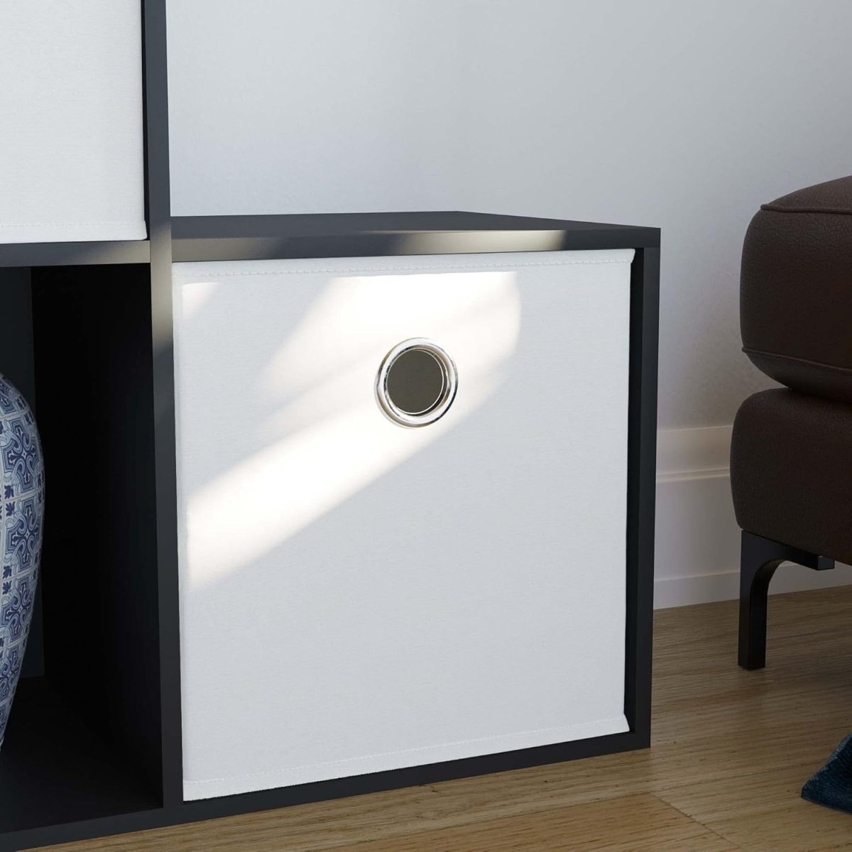 Black 10 Cube Staircase Bookcase with 5 White Storage Baskets Modern Unit - Kwikley