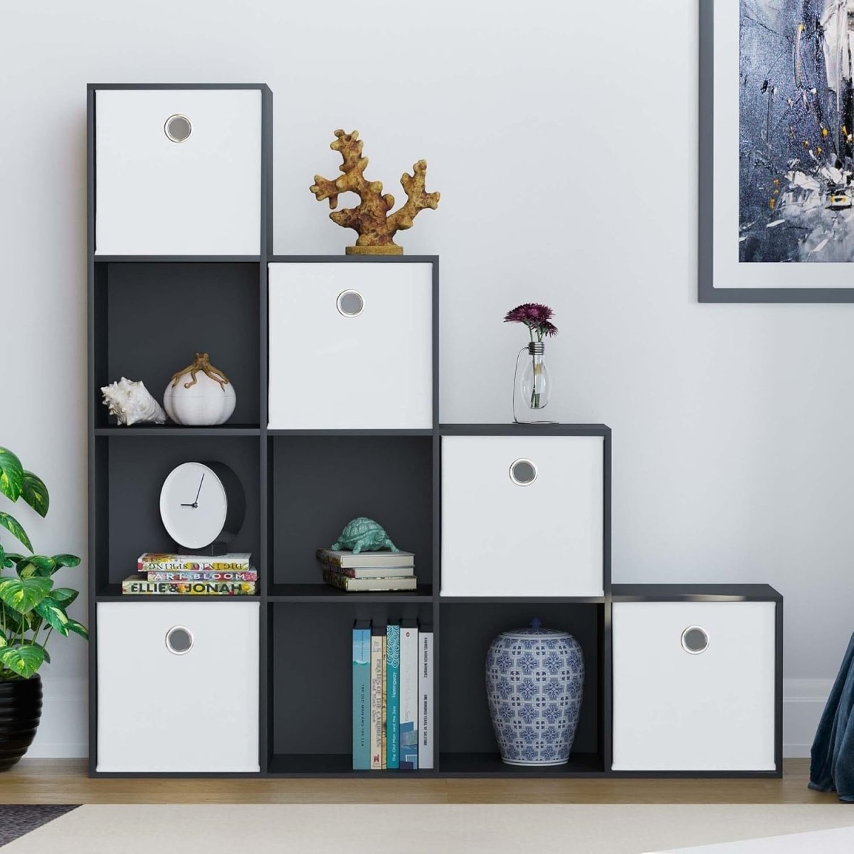 Black 10 Cube Staircase Bookcase with 5 White Storage Baskets Modern Unit - Kwikley