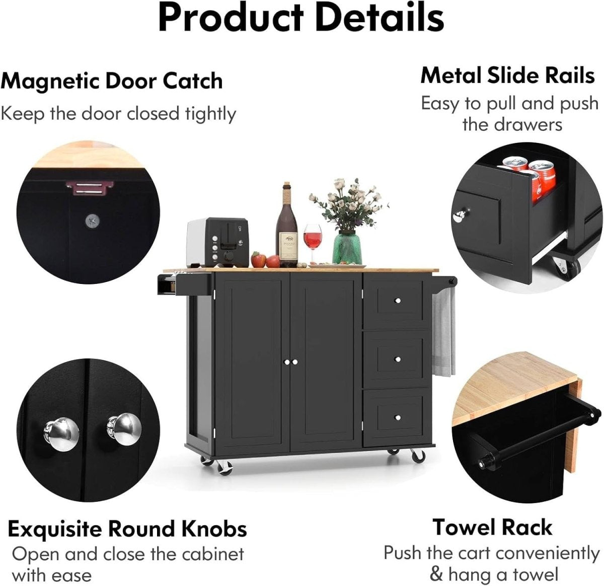Black 111cm Kitchen Island Cart 3 Drawers - Kwikley