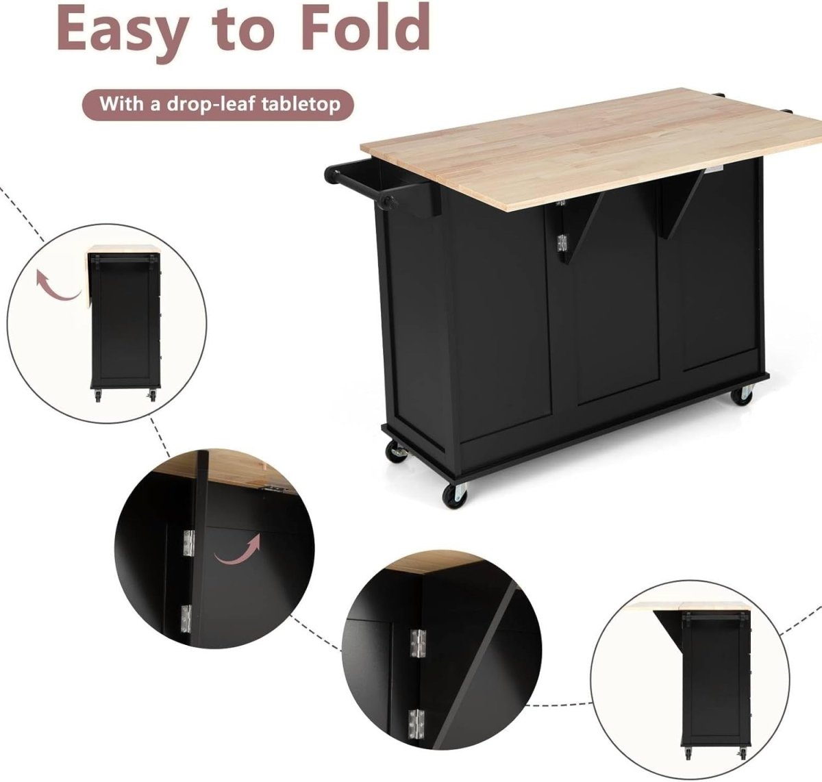 Black 111cm Kitchen Island Cart 3 Drawers - Kwikley
