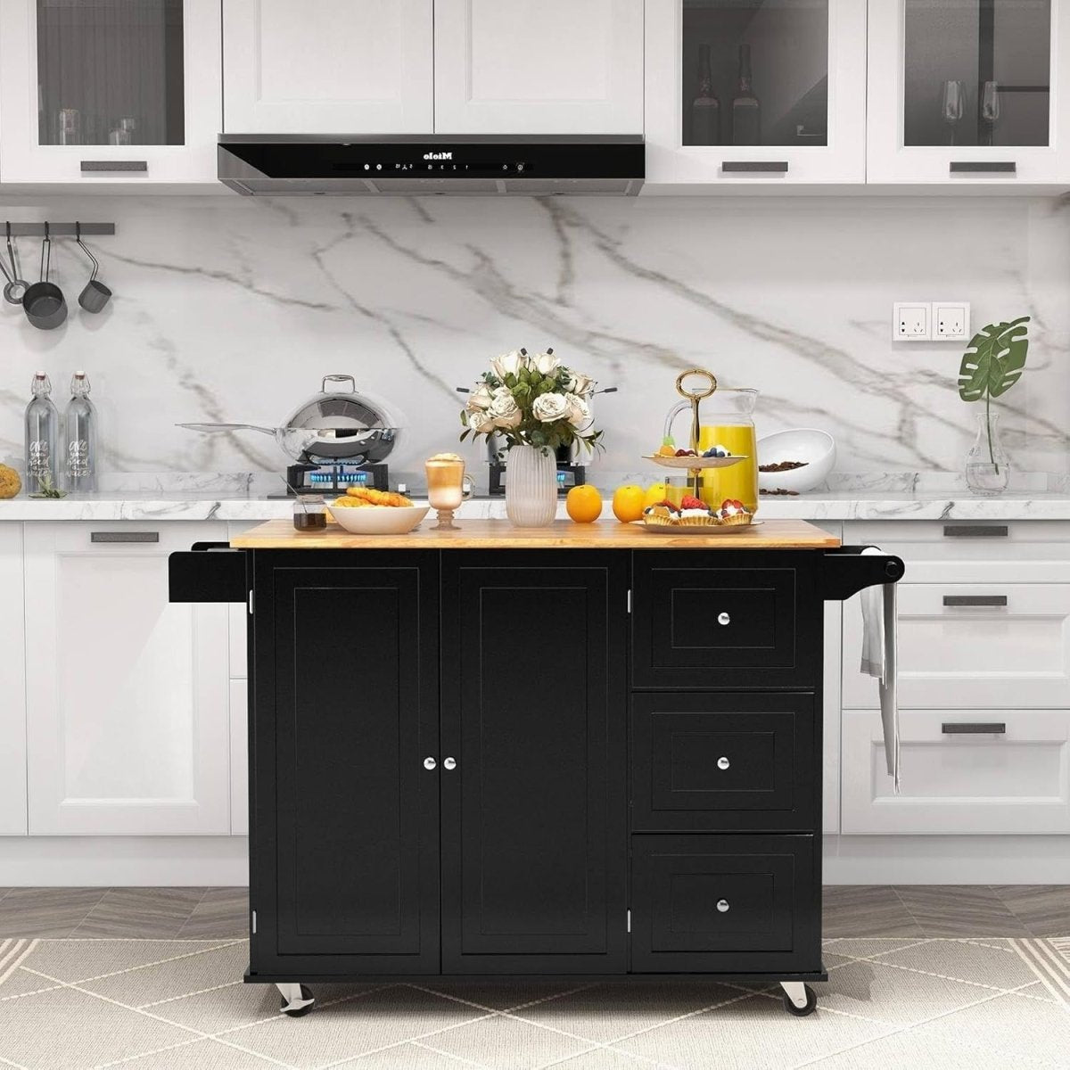 Black 111cm Kitchen Island Cart 3 Drawers - Kwikley