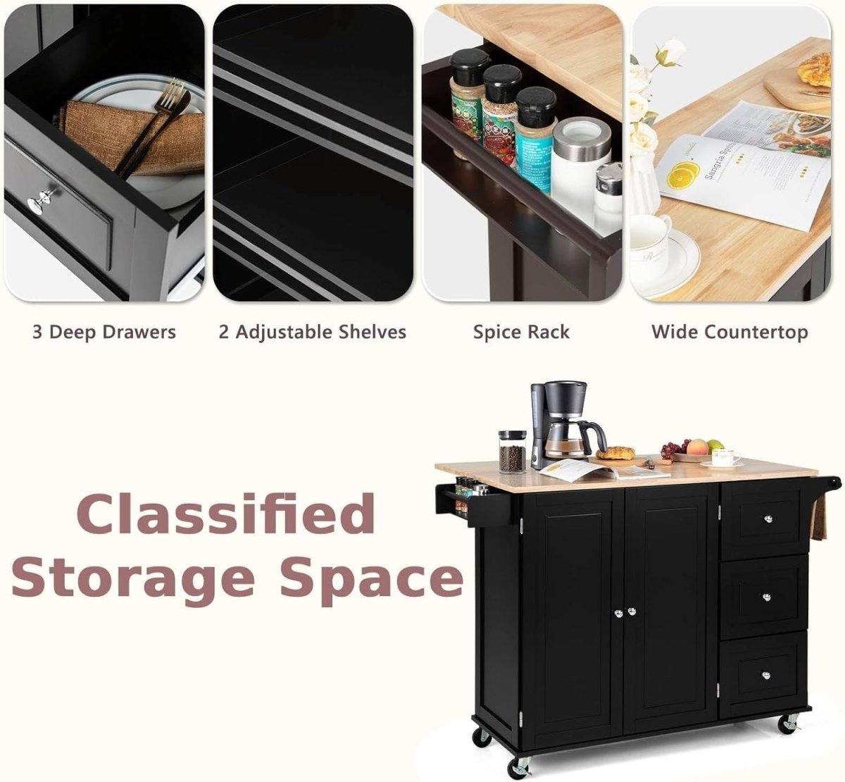 Black 111cm Kitchen Island Cart 3 Drawers - Kwikley