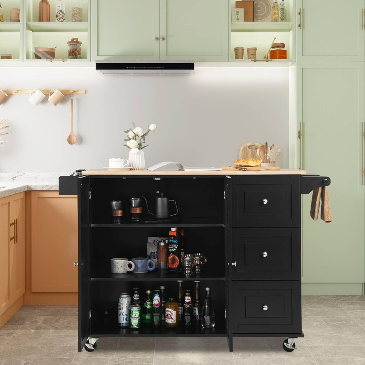 Black 111cm Kitchen Island Cart 3 Drawers - Kwikley