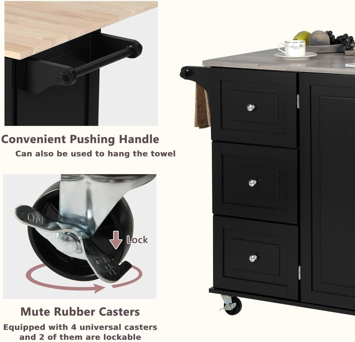 Black 111cm Kitchen Island Cart 3 Drawers - Kwikley