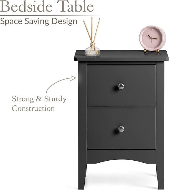 Black 2 Drawer Bedside Table Modern Nightstand with Storage | Smooth Glide - Kwikley