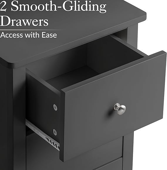 Black 2 Drawer Bedside Table Modern Nightstand with Storage | Smooth Glide - Kwikley
