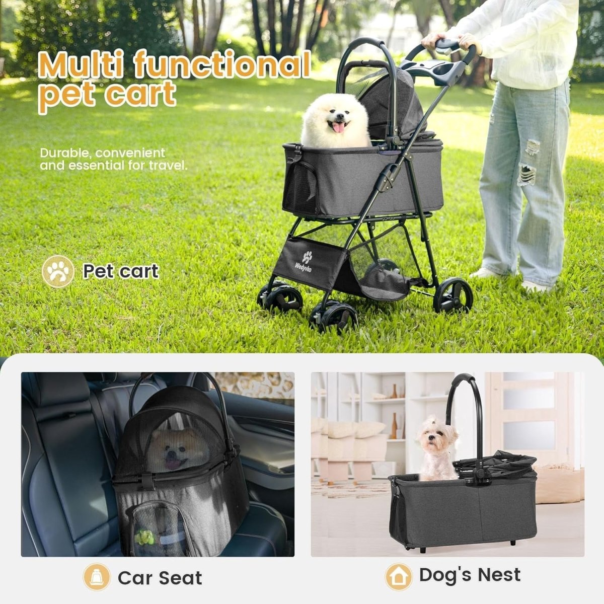 Black 2 in 1 Dog Stroller Foldable Pet Pushchair Jogger for Small Dogs - Kwikley