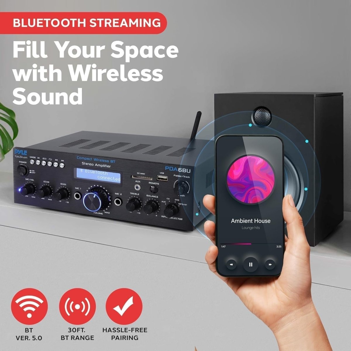 Black 200W Wireless Bluetooth Stereo Amplifier w/ USB SD AUX MIC - Kwikley