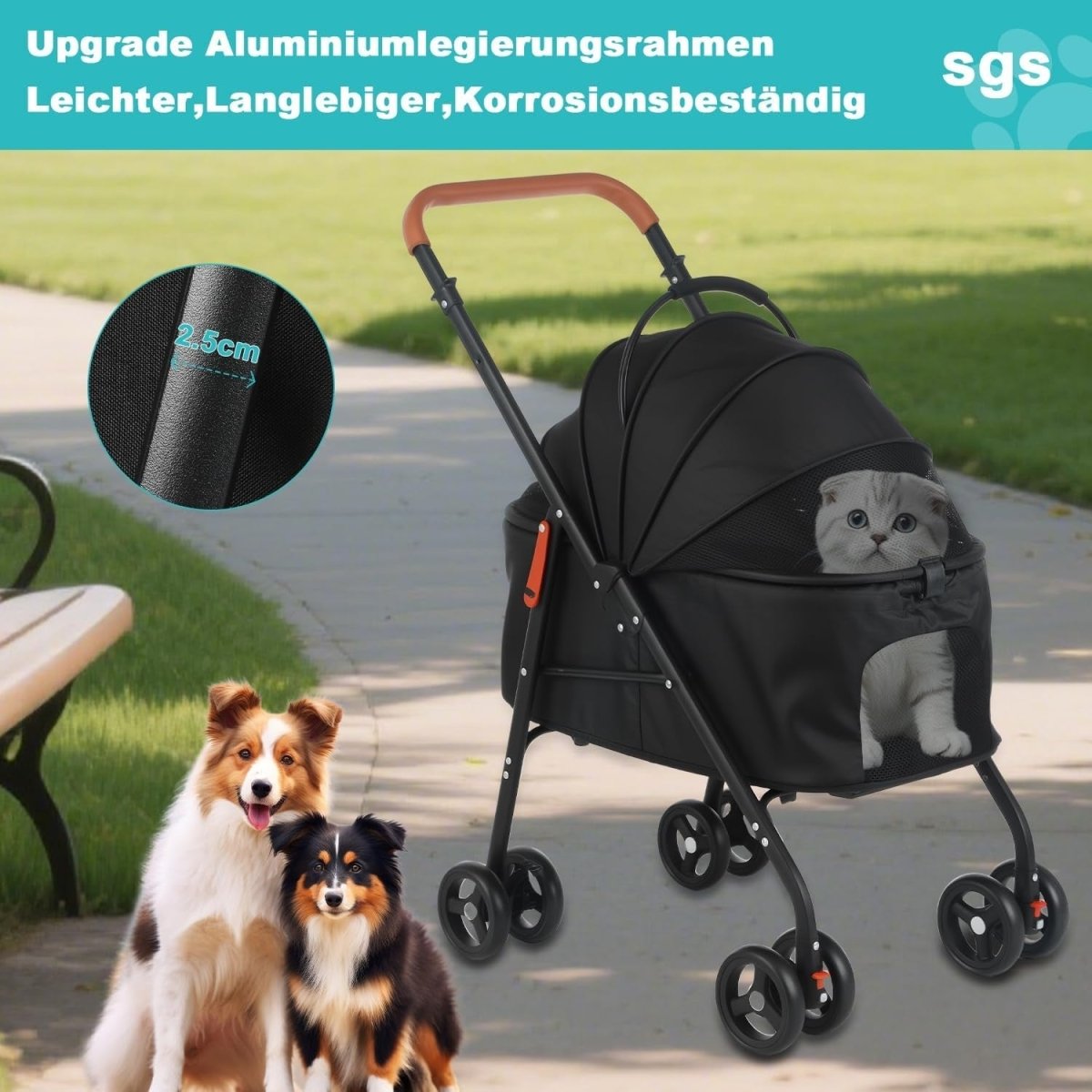 Black 3 in 1 Pet Stroller Pushchair for Medium Dogs Cats 15kg Foldable - Kwikley