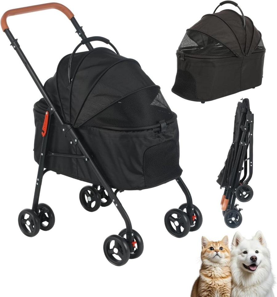 Black 3 in 1 Pet Stroller Pushchair for Medium Dogs Cats 15kg Foldable - Kwikley