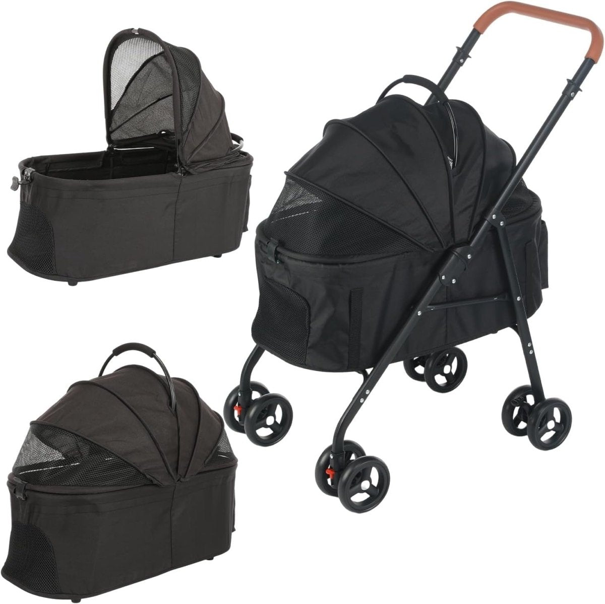 Black 3 in 1 Pet Stroller Pushchair for Medium Dogs Cats 15kg Foldable - Kwikley