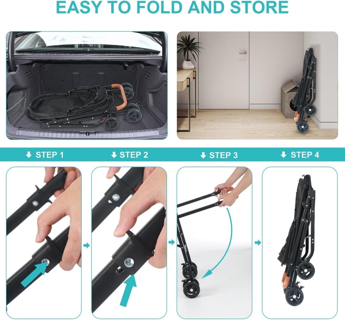 Black 3 in 1 Pet Stroller Pushchair for Medium Dogs Cats 15kg Foldable - Kwikley