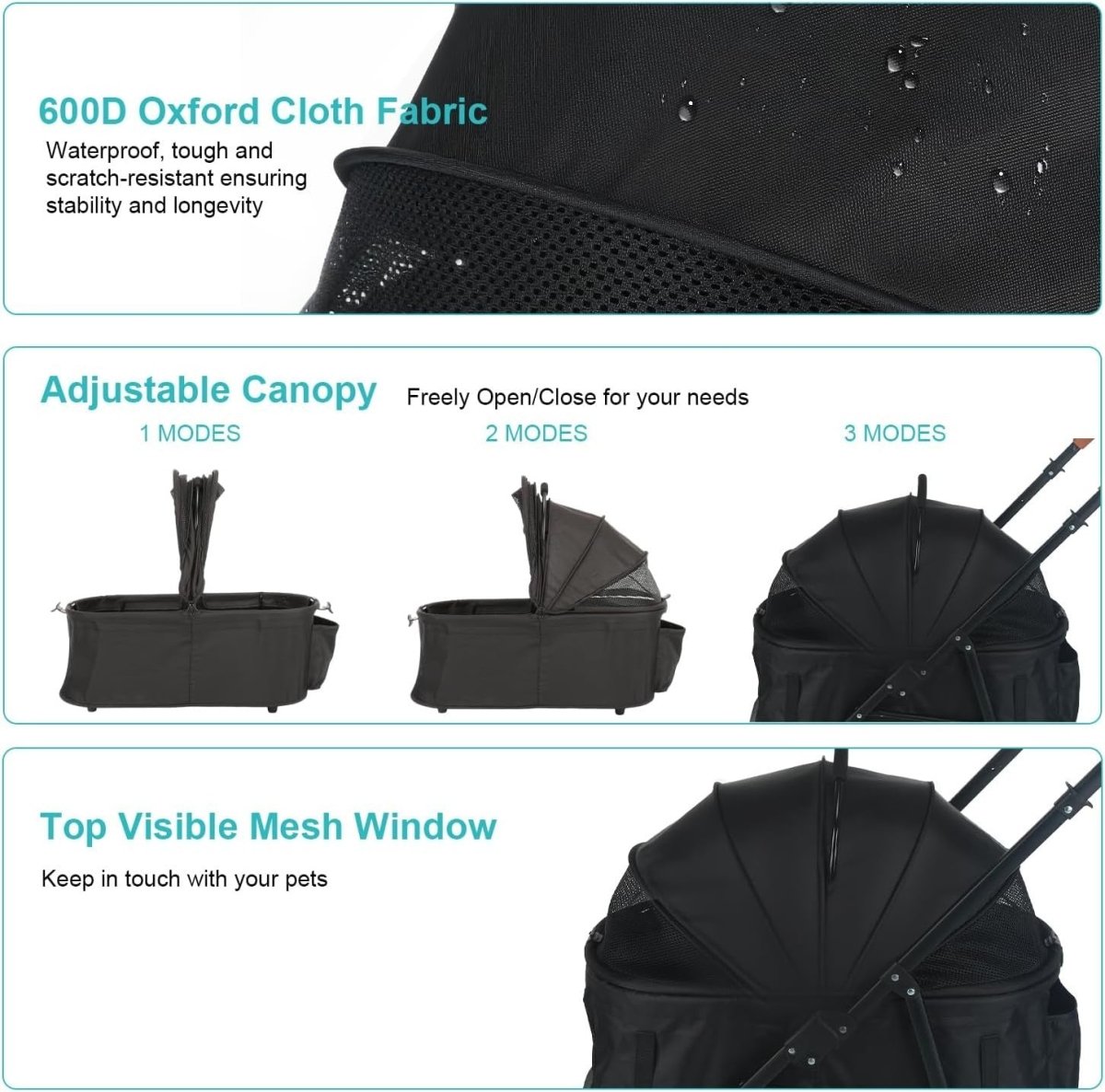 Black 3 in 1 Pet Stroller Pushchair for Medium Dogs Cats 15kg Foldable - Kwikley