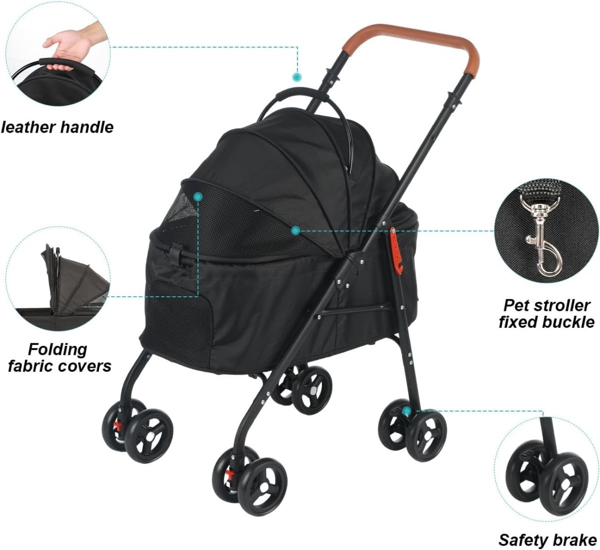 Black 3 in 1 Pet Stroller Pushchair for Medium Dogs Cats 15kg Foldable - Kwikley