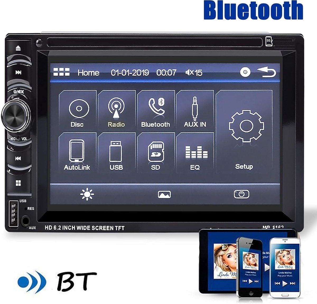 Black 6.2" Touchscreen Double DIN Car Stereo – Bluetooth Multimedia Player - Kwikley