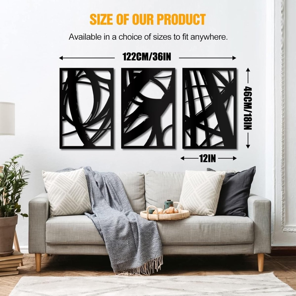 Black Abstract Metal Wall Art Set of 3 Modern 3D Line 18x12in - Kwikley