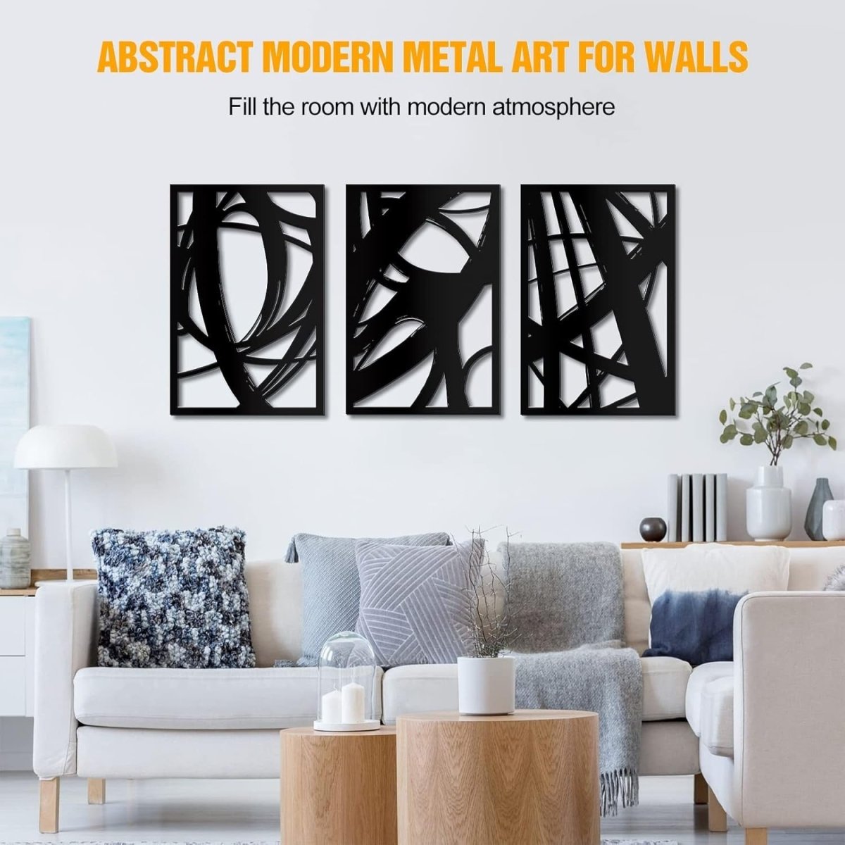 Black Abstract Metal Wall Art Set of 3 Modern 3D Line 18x12in - Kwikley