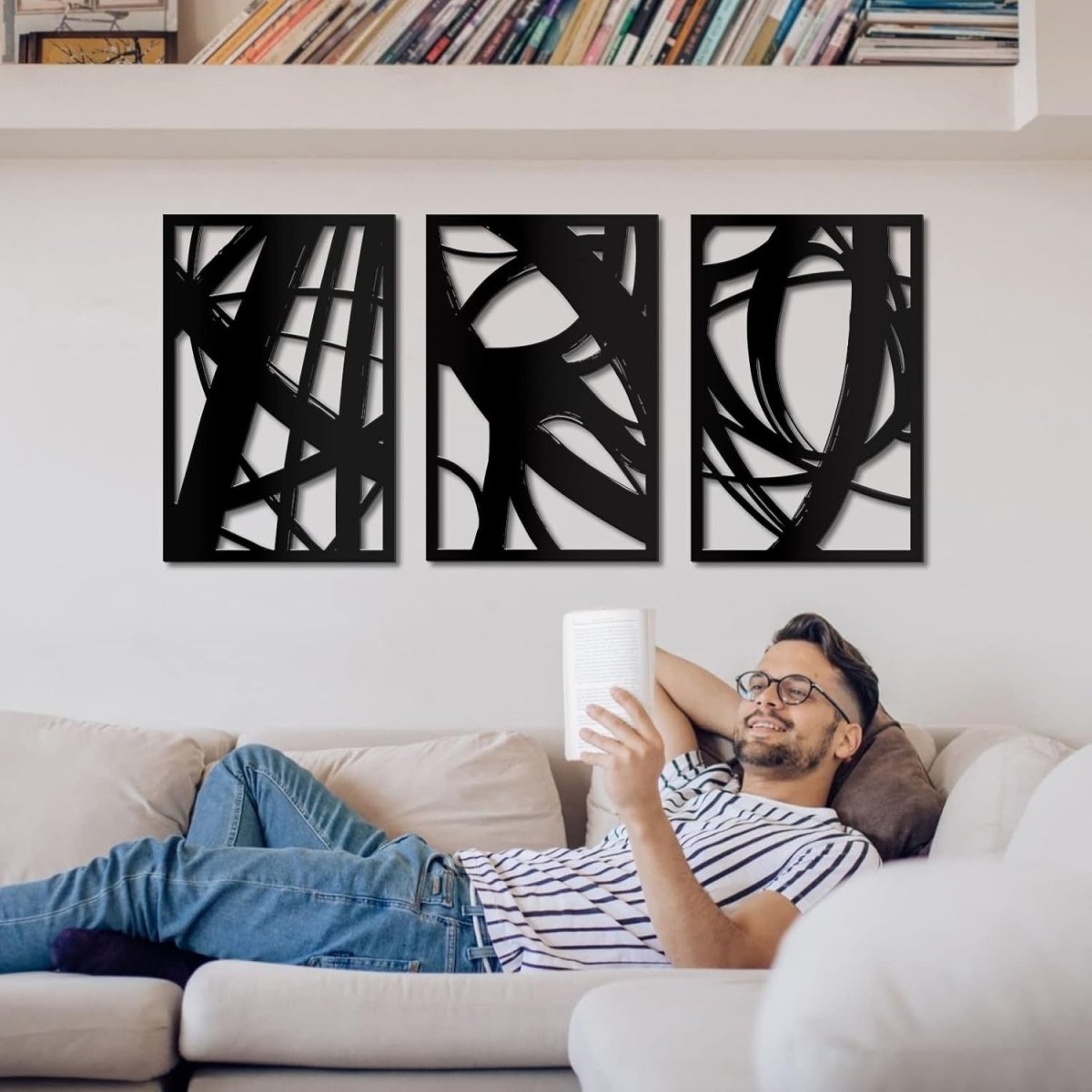 Black Abstract Metal Wall Art Set of 3 Modern 3D Line 18x12in - Kwikley