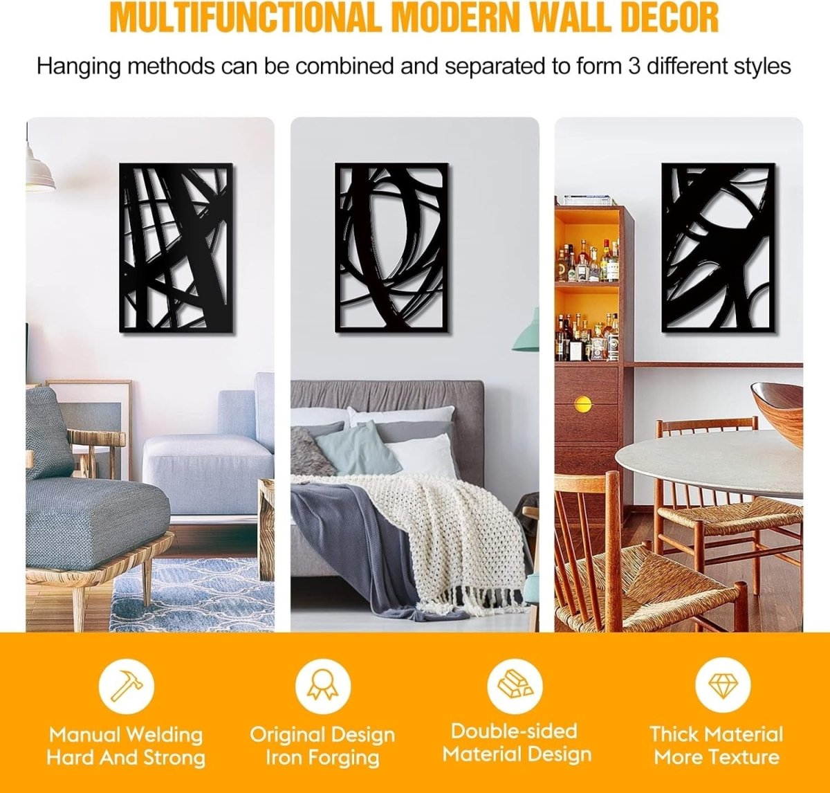 Black Abstract Metal Wall Art Set of 3 Modern 3D Line 18x12in - Kwikley