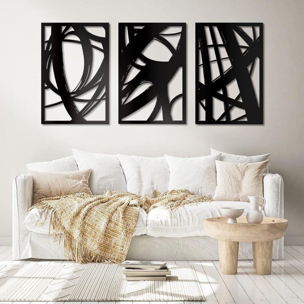 Black Abstract Metal Wall Art Set of 3 Modern 3D Line 18x12in - Kwikley