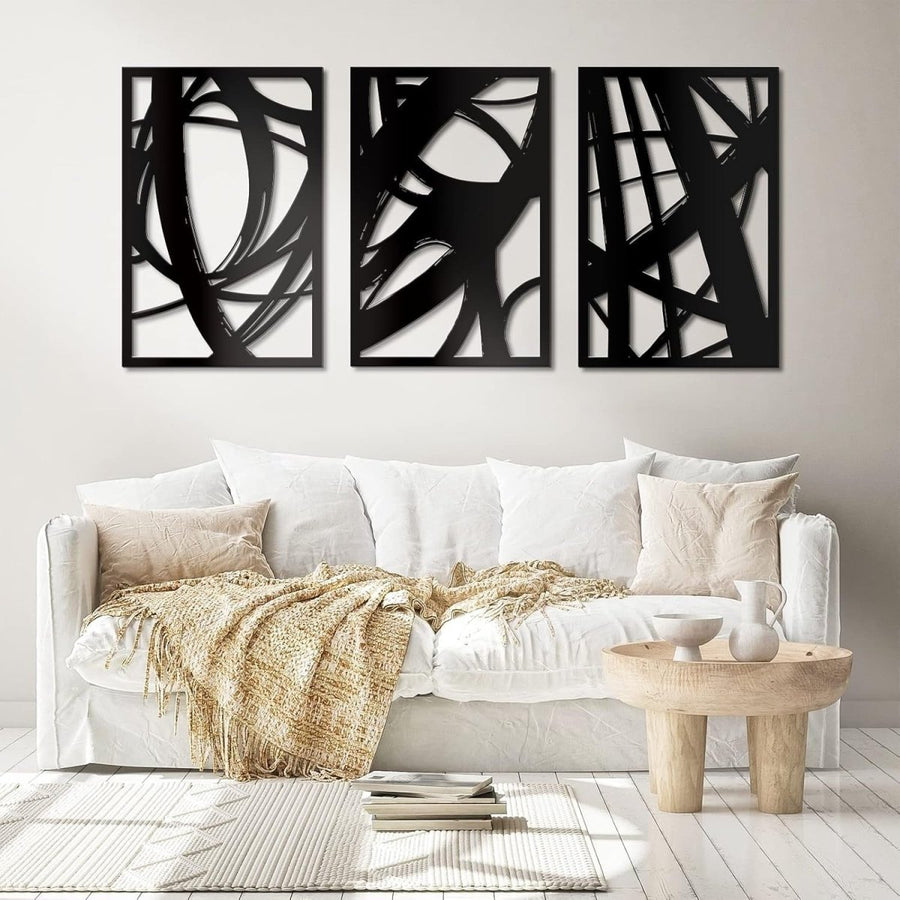 Black Abstract Metal Wall Art Set of 3 Modern 3D Line 18x12in - Kwikley
