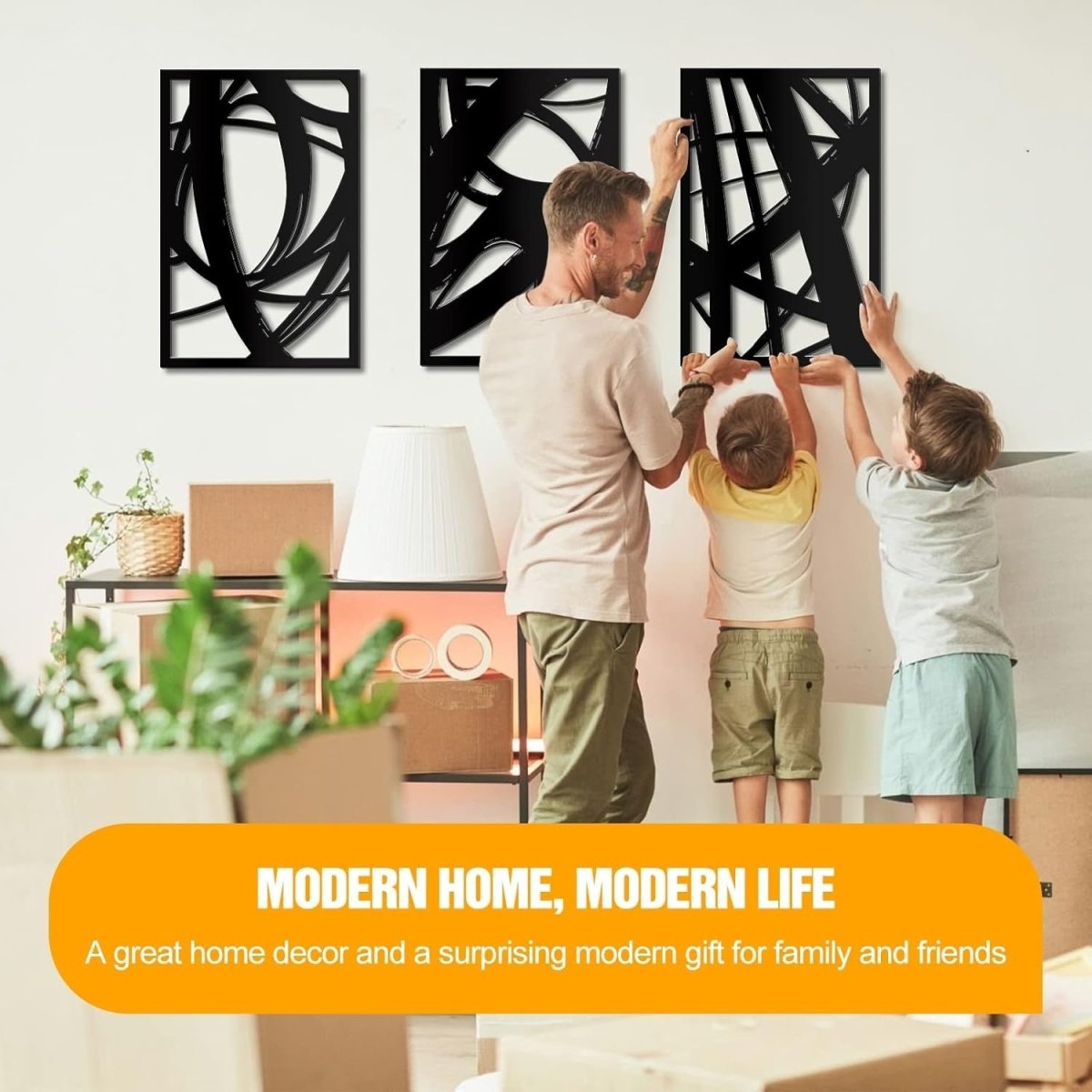 Black Abstract Metal Wall Art Set of 3 Modern 3D Line 18x12in - Kwikley