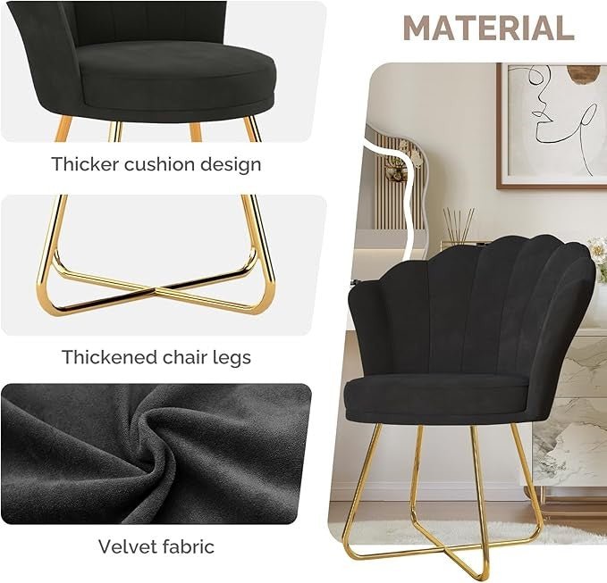 Black Accent Chair Gold Metal Legs Petal Back Vanity Armchair - Kwikley