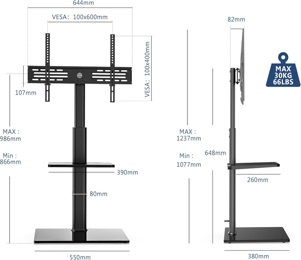 Black Adjustable TV Floor Stand 32 - 60" Screens Swivel Mount Shelf - Kwikley
