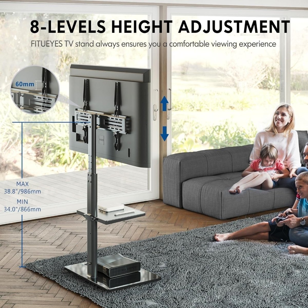 Black Adjustable TV Floor Stand 32 - 60" Screens Swivel Mount Shelf - Kwikley