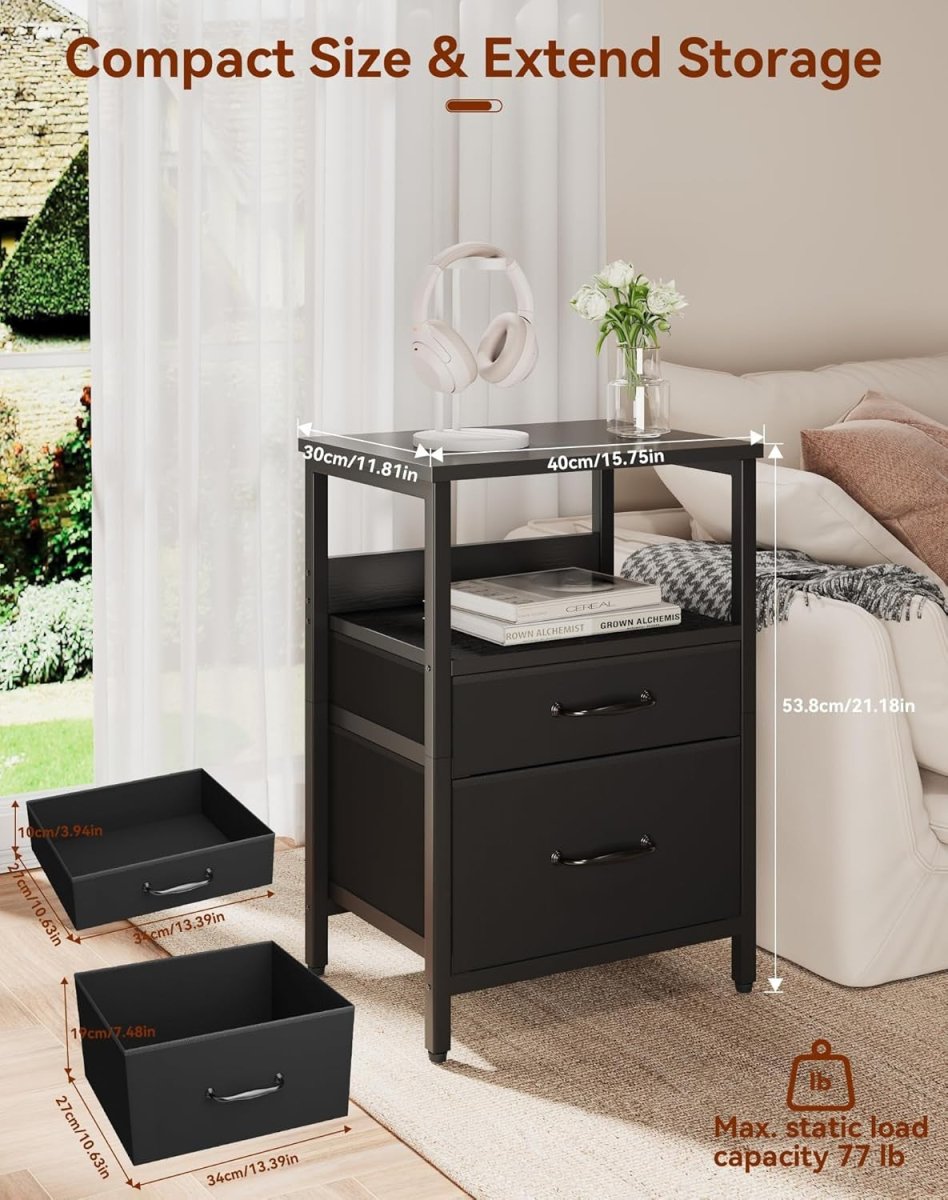 Black Bedside Table with 2 Drawers & Open Shelf – Modern Nightstand Storage Unit - Kwikley