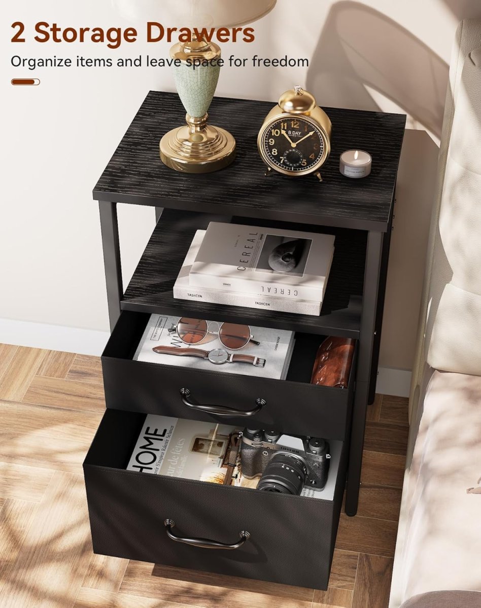 Black Bedside Table with 2 Drawers & Open Shelf – Modern Nightstand Storage Unit - Kwikley