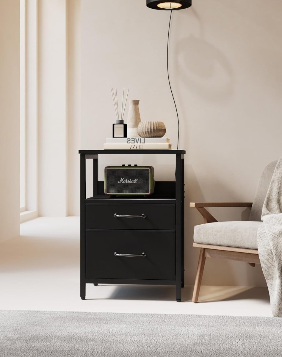 Black Bedside Table with 2 Drawers & Open Shelf – Modern Nightstand Storage Unit - Kwikley