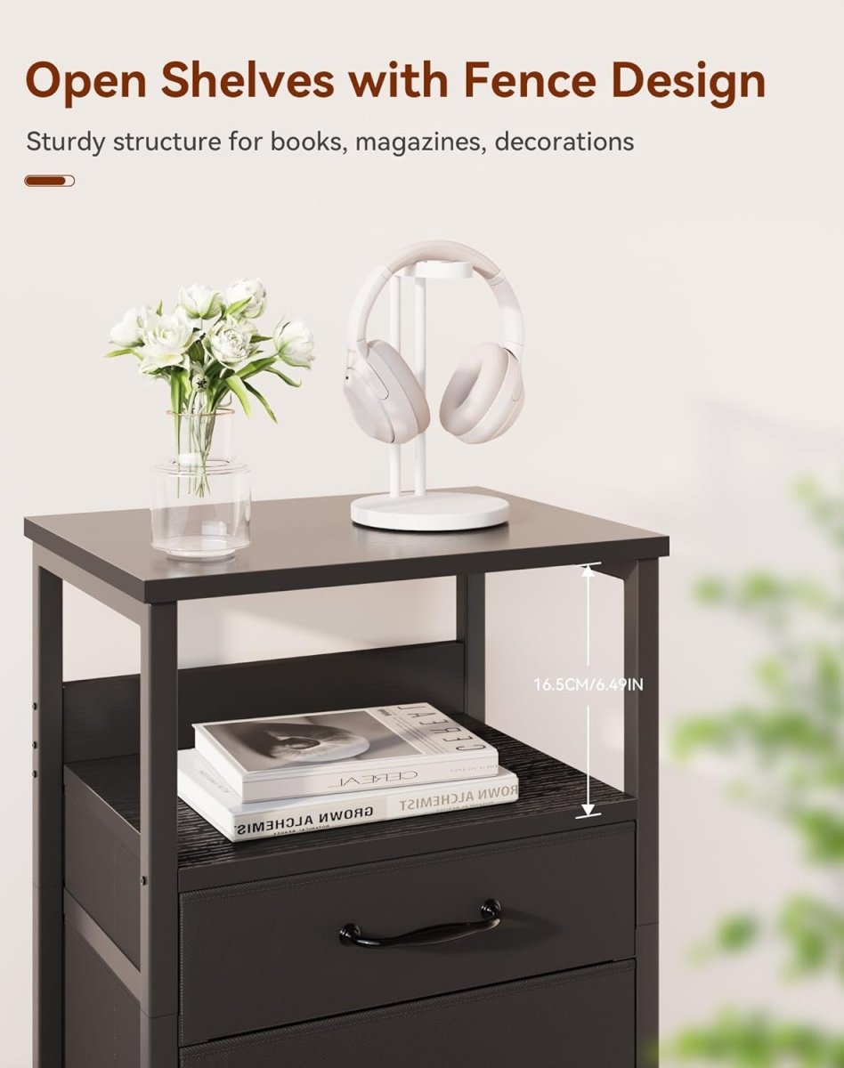 Black Bedside Table with 2 Drawers & Open Shelf – Modern Nightstand Storage Unit - Kwikley