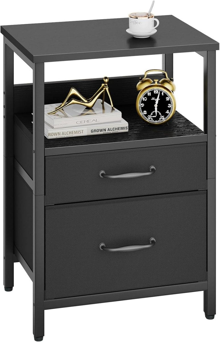 Black Bedside Table with 2 Drawers & Open Shelf – Modern Nightstand Storage Unit - Kwikley