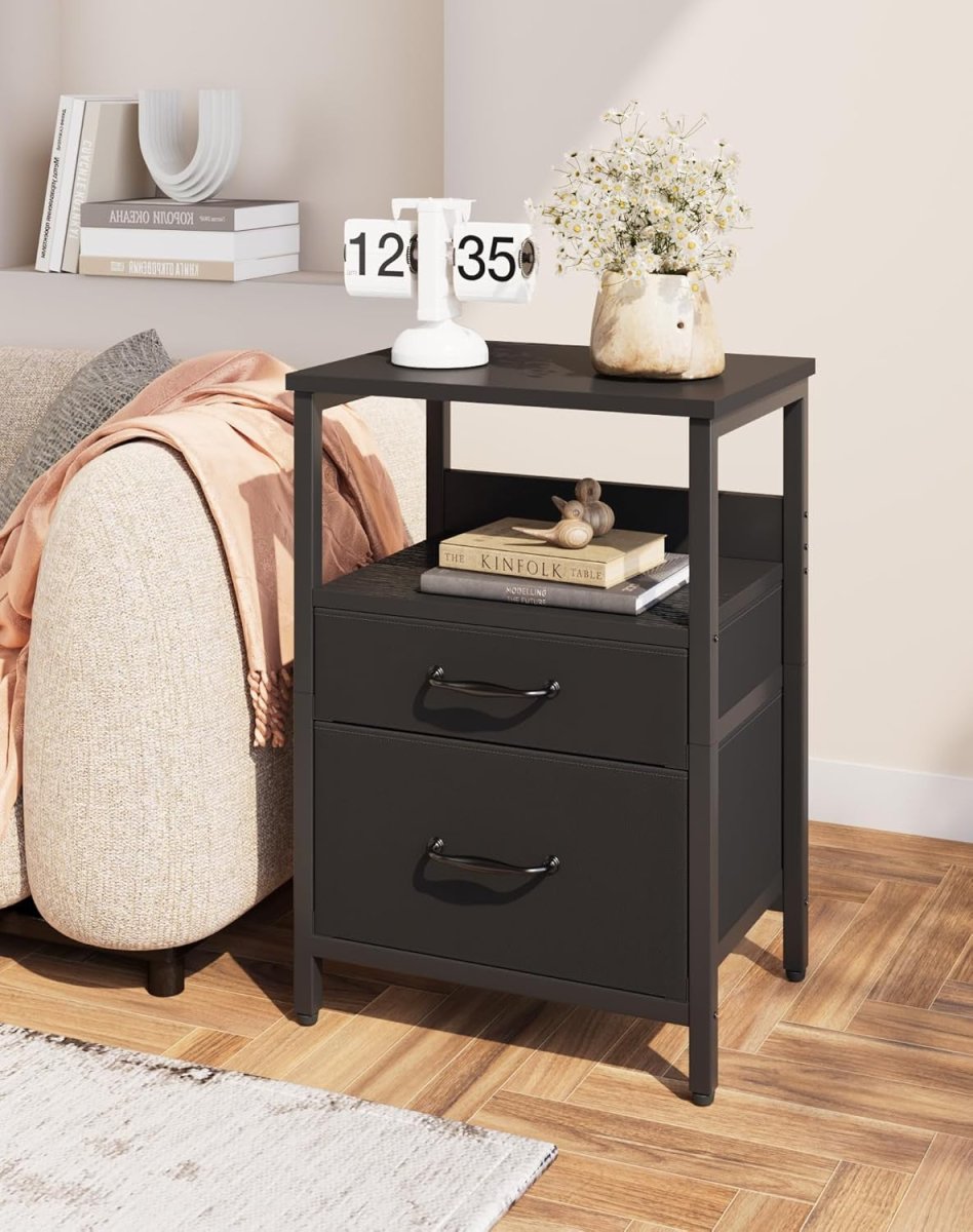 Black Bedside Table with 2 Drawers & Open Shelf – Modern Nightstand Storage Unit - Kwikley