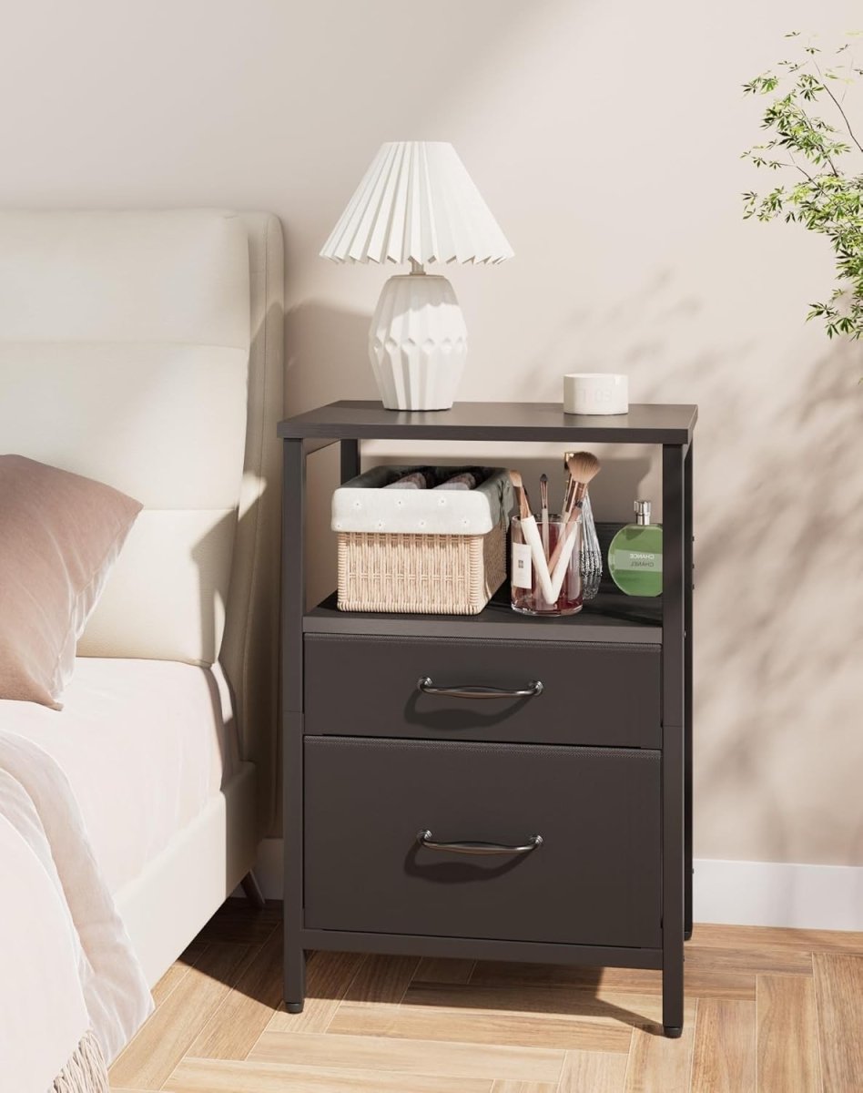Black Bedside Table with 2 Drawers & Open Shelf – Modern Nightstand Storage Unit - Kwikley