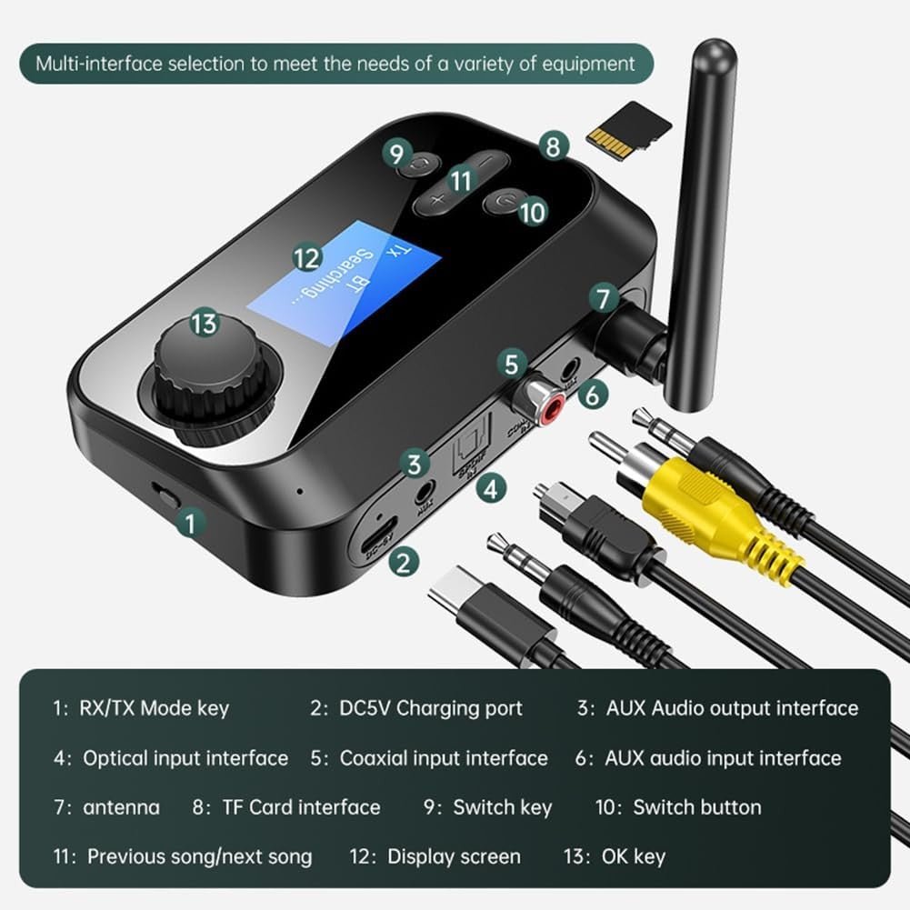 Black Bluetooth 5.0 Audio Transmitter & Receiver – TF Card + 10m Range - Kwikley
