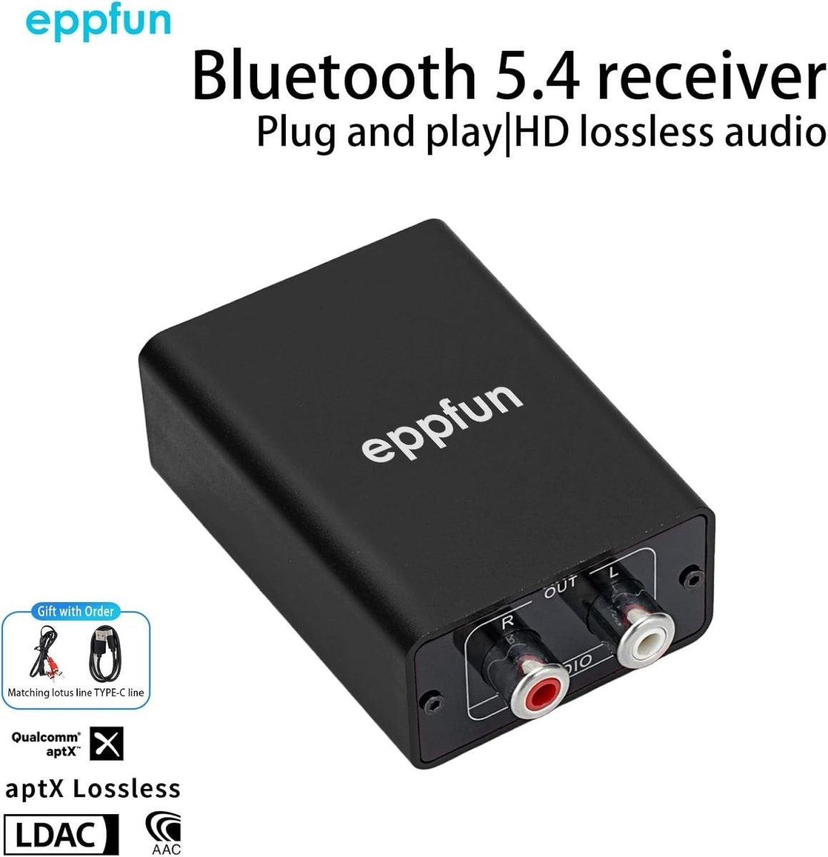 Black Bluetooth 5.4 HiFi Audio Receiver – LDAC/AptX Wireless Adapter - Kwikley