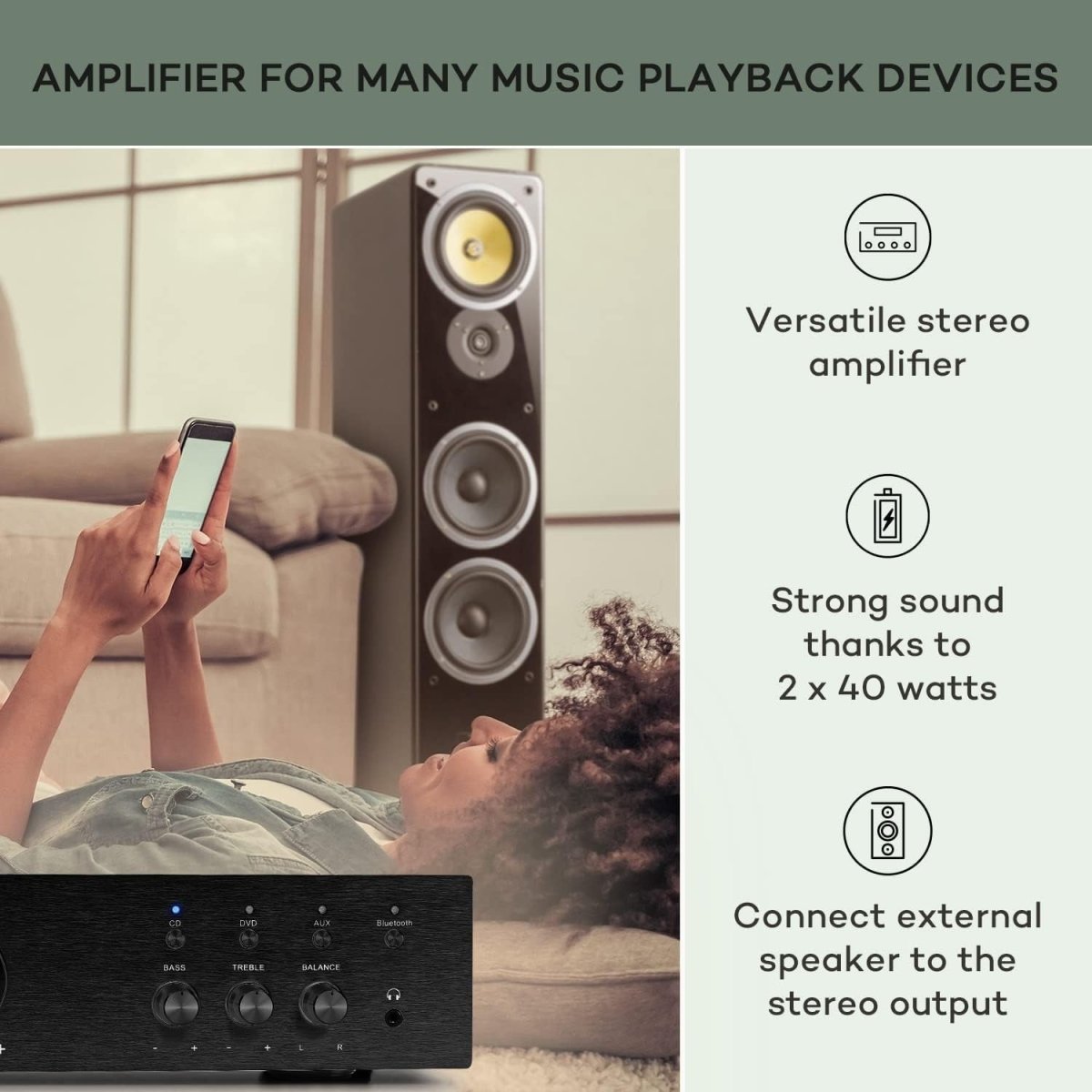 Black Bluetooth HiFi Amplifier – Stereo AV Receiver with Bass/Treble - Kwikley