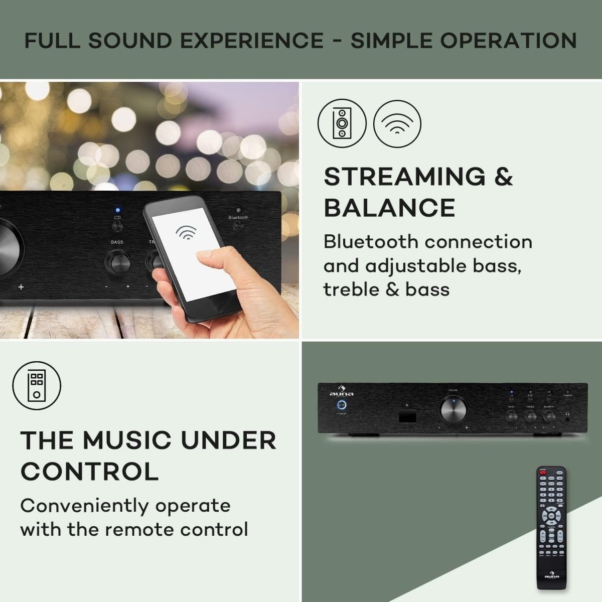 Black Bluetooth HiFi Amplifier – Stereo AV Receiver with Bass/Treble - Kwikley